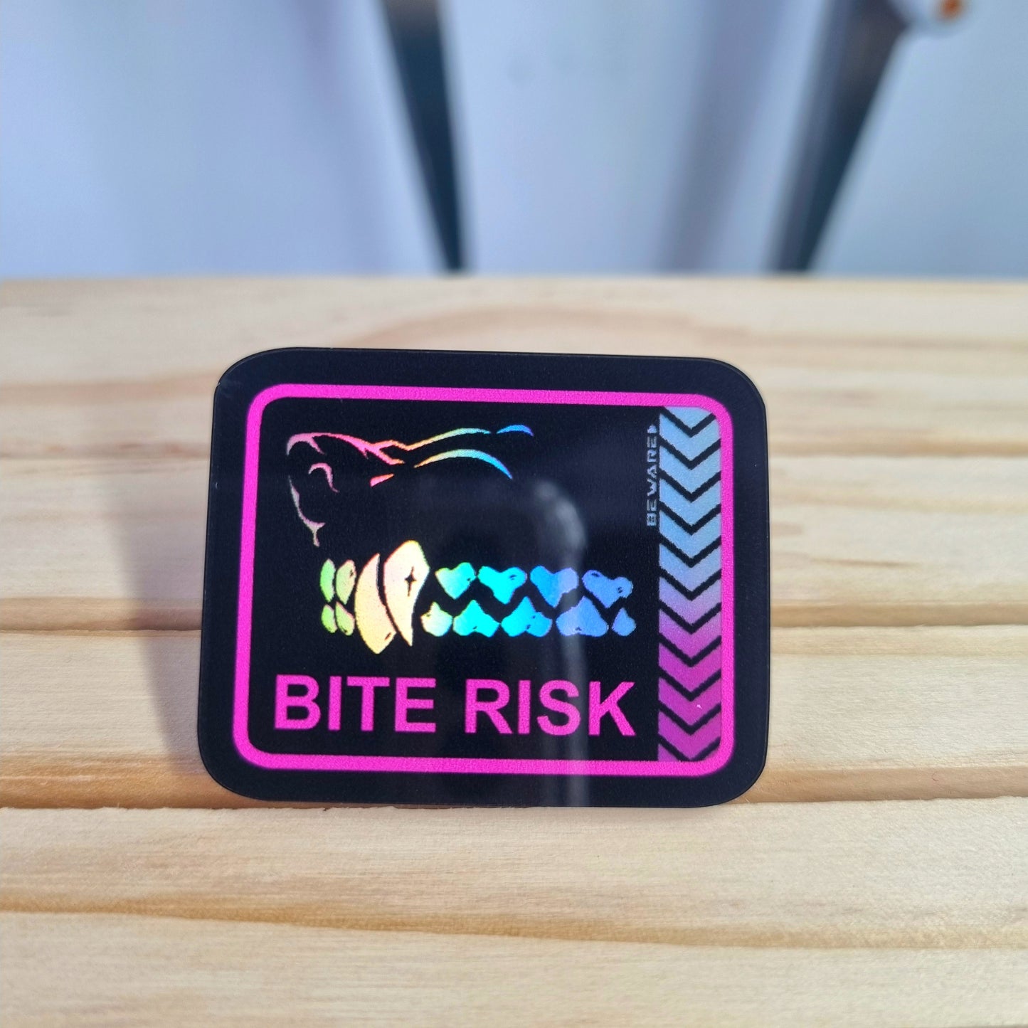 Acrylic Pin Holographic: Bite Risk Pink